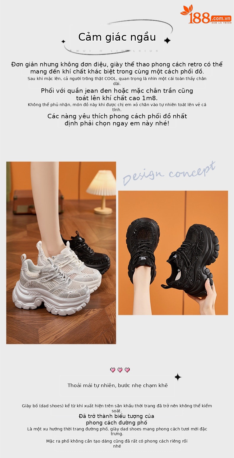 Sneaker nữ chunky đế dày rhinestone mũi tròn dây buộc — Trắng, Bạc, Đen chi tiết 4