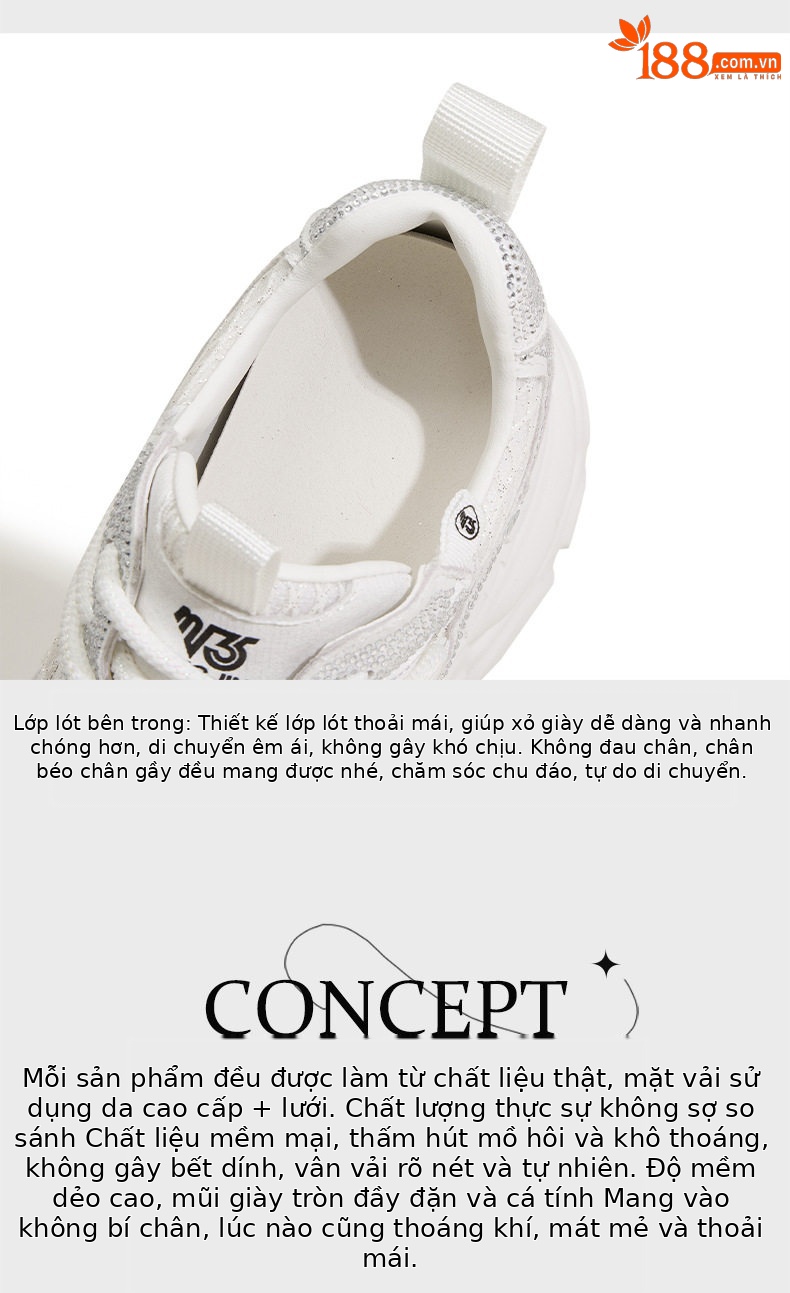 Sneaker nữ chunky đế dày rhinestone mũi tròn dây buộc — Trắng, Bạc, Đen chi tiết 8