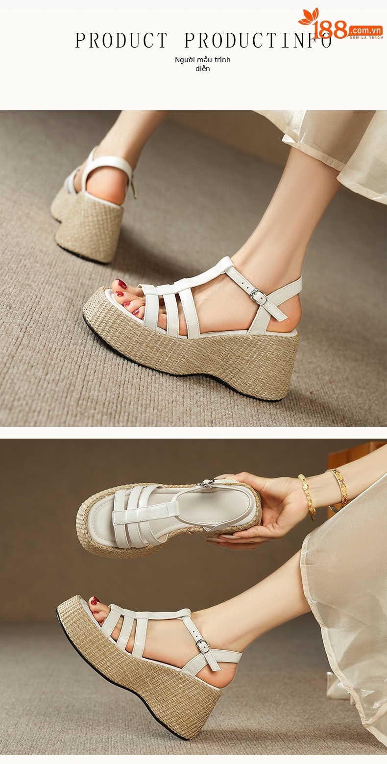 Sandal nữ quai ngang đế xuồng đan cói cổ điển phong cách nghỉ dưỡng, gót 9 cm — Màu trắng, Màu mơ chi tiết 2