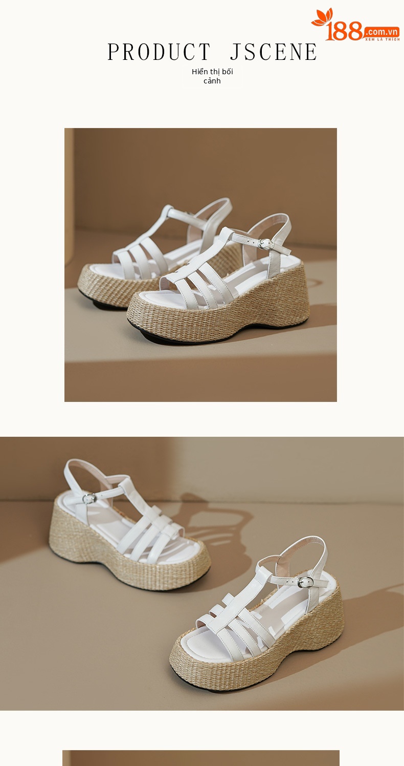 Sandal nữ quai ngang đế xuồng đan cói cổ điển phong cách nghỉ dưỡng, gót 9 cm — Màu trắng, Màu mơ chi tiết 5