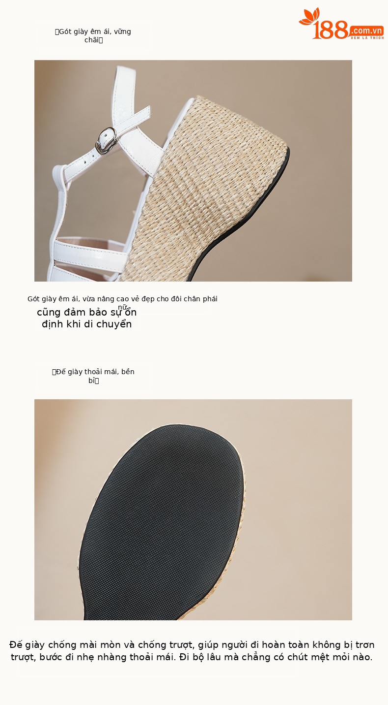 Sandal nữ quai ngang đế xuồng đan cói cổ điển phong cách nghỉ dưỡng, gót 9 cm — Màu trắng, Màu mơ chi tiết 8