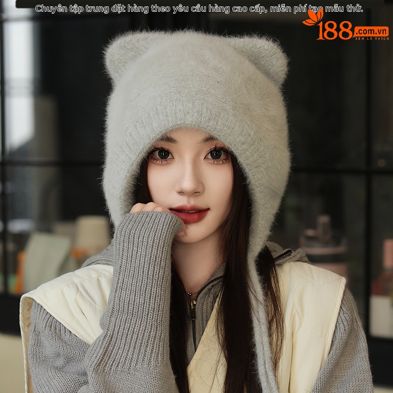 Mũ len beanie tai mèo lông thỏ nhung giữ ấm mùa đông — Màu be