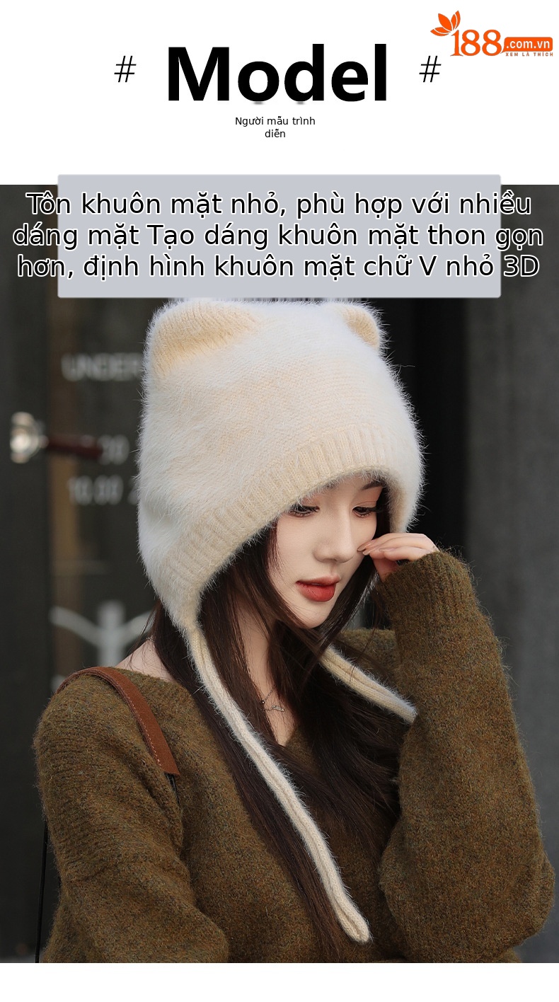 Mũ len beanie tai mèo lông thỏ nhung giữ ấm mùa đông — Màu be chi tiết 7