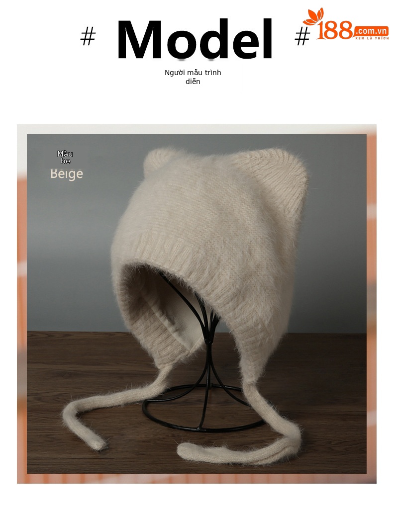 Mũ len beanie tai mèo lông thỏ nhung giữ ấm mùa đông — Màu be chi tiết 10