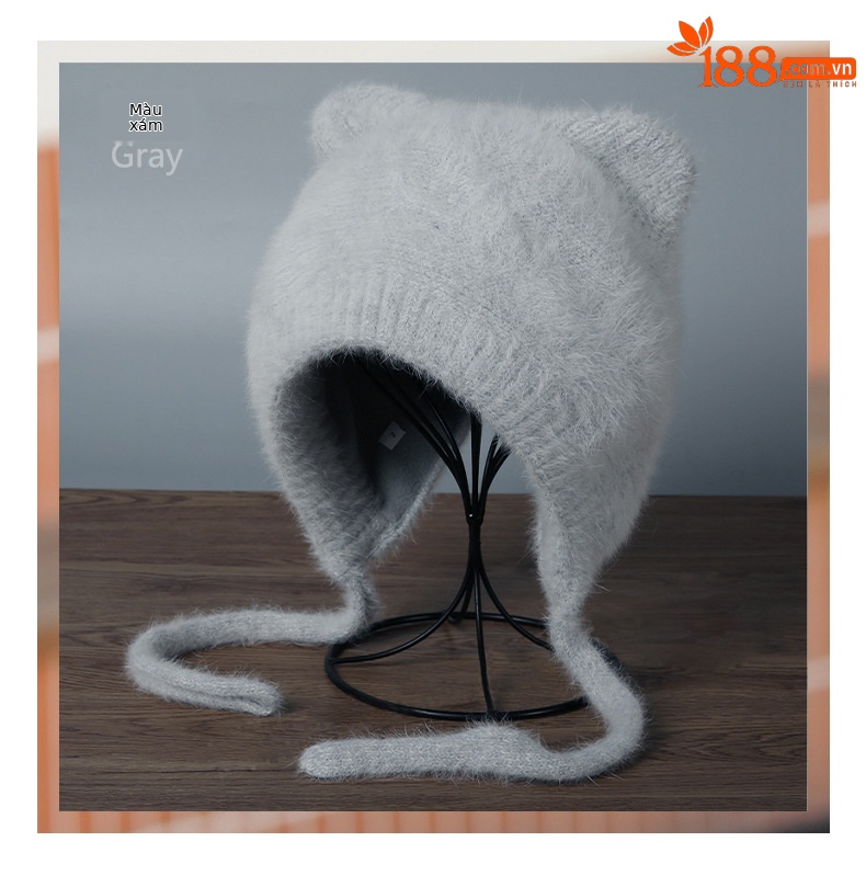 Mũ len beanie tai mèo lông thỏ nhung giữ ấm mùa đông — Màu be chi tiết 11