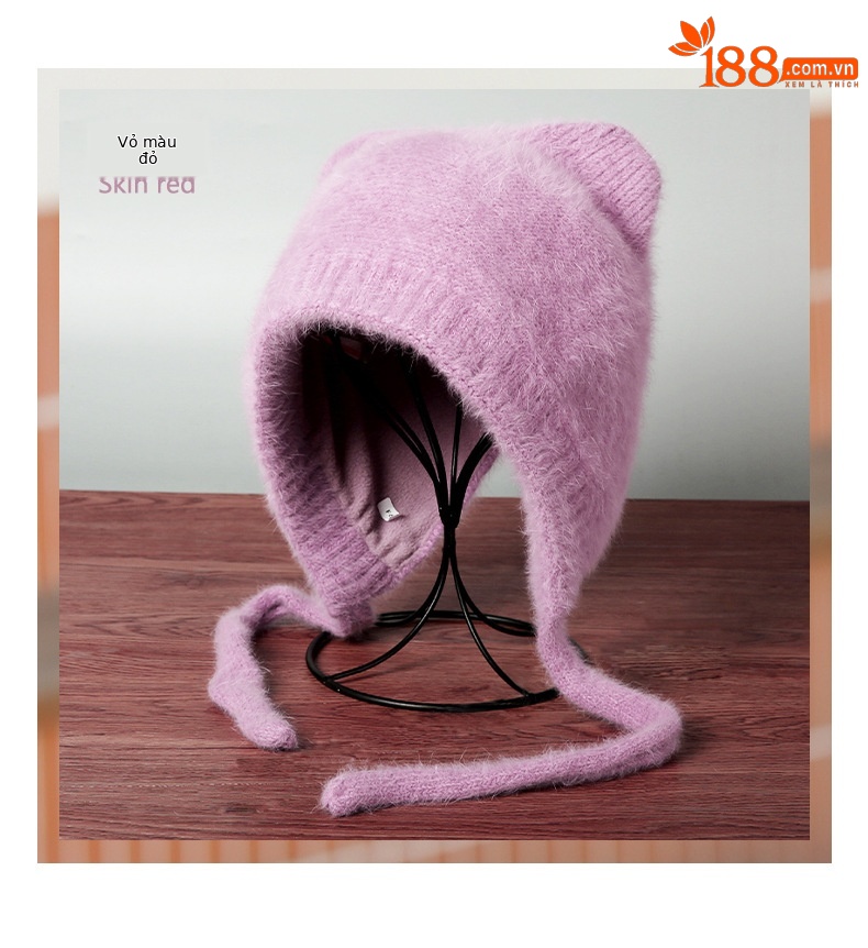 Mũ len beanie tai mèo lông thỏ nhung giữ ấm mùa đông — Màu be chi tiết 13