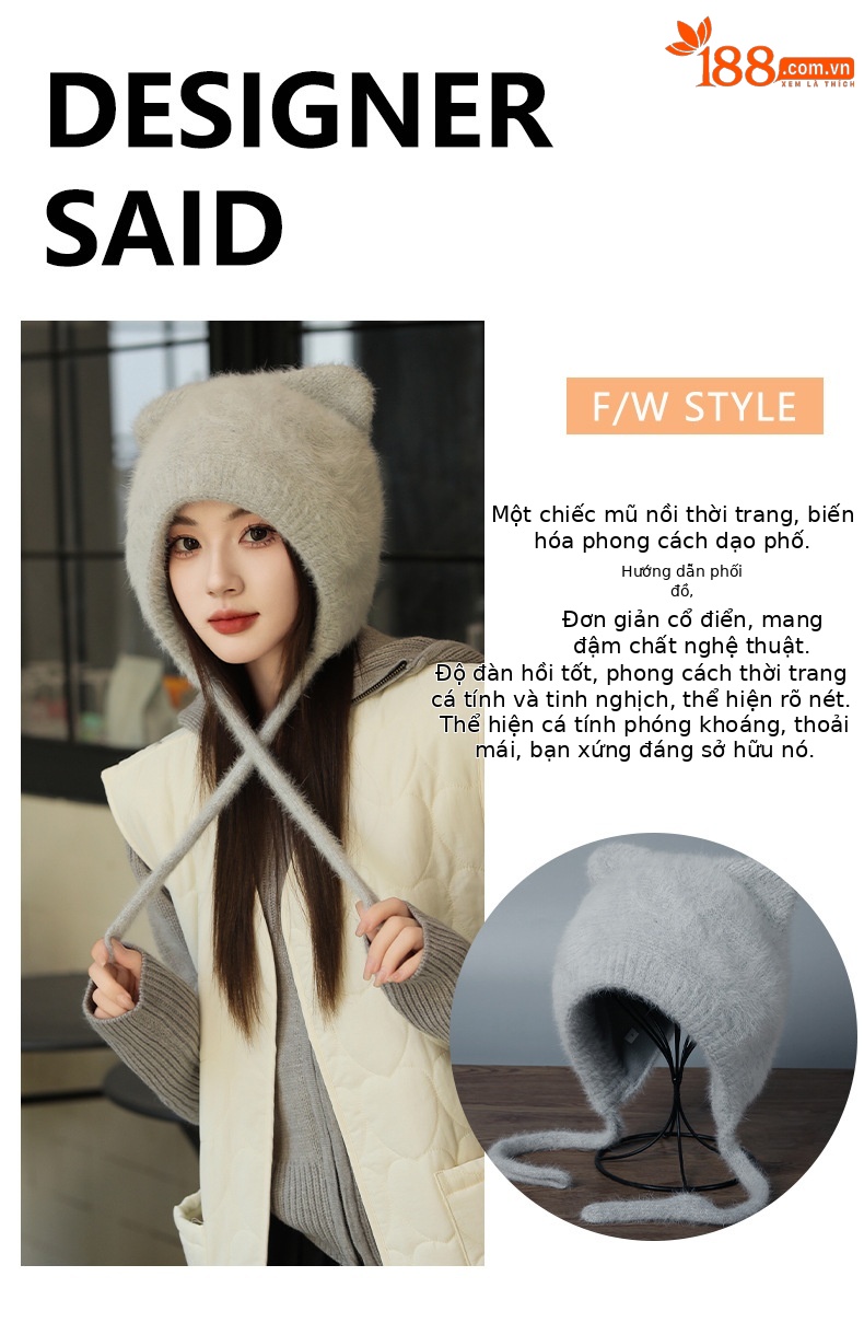 Mũ len beanie tai mèo lông thỏ nhung giữ ấm mùa đông — Màu be chi tiết 5