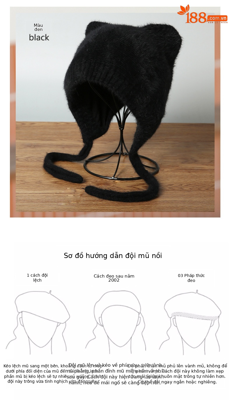 Mũ len beanie tai mèo lông thỏ nhung giữ ấm mùa đông — Màu be chi tiết 14