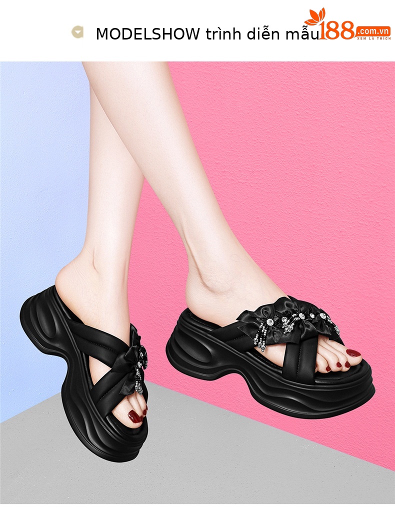 Dép sandal nữ đính đá mũi hở đế dày phối hoa một quai ngang — JST 7226m màu, gót cao 5cm, JST 7226 gót đen cao 5cm chi tiết 3