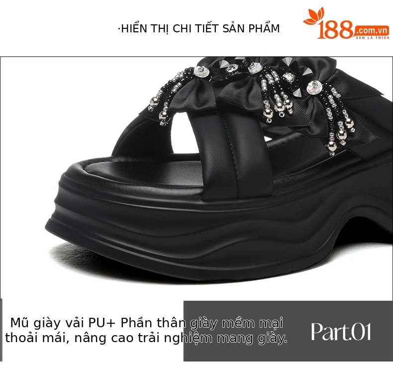 Dép sandal nữ đính đá mũi hở đế dày phối hoa một quai ngang — JST 7226m màu, gót cao 5cm, JST 7226 gót đen cao 5cm chi tiết 15