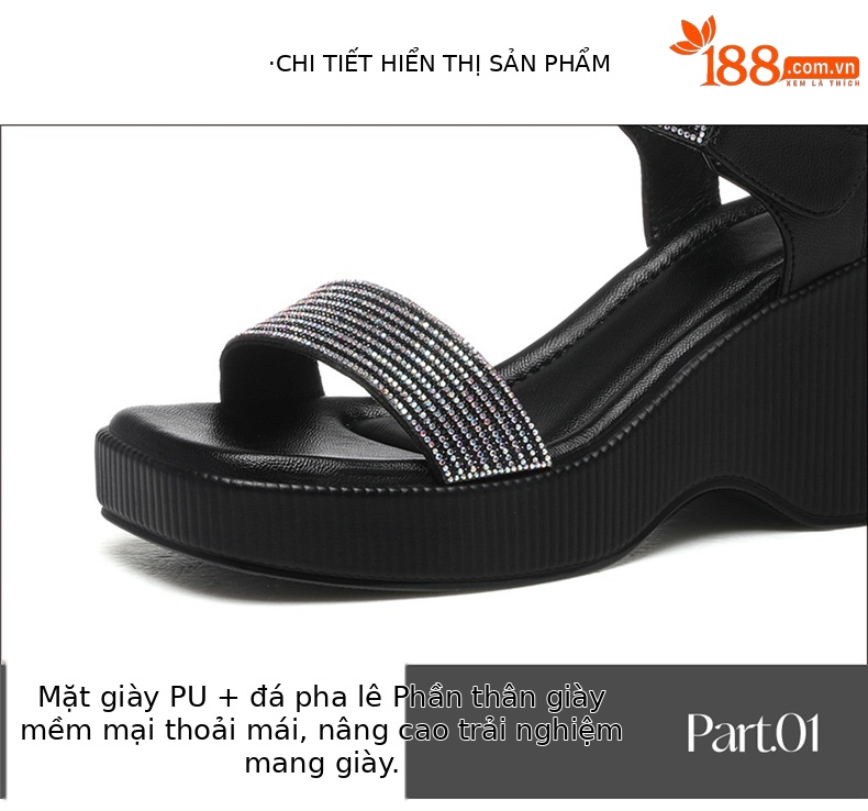Sandal nữ hở mũi đế dày tăng chiều cao gót vuông ổn định miệng nông khóa dán — Chất liệu da bò đen JST 7225, Chất liệu da bò JST 7225m màu chi tiết 14