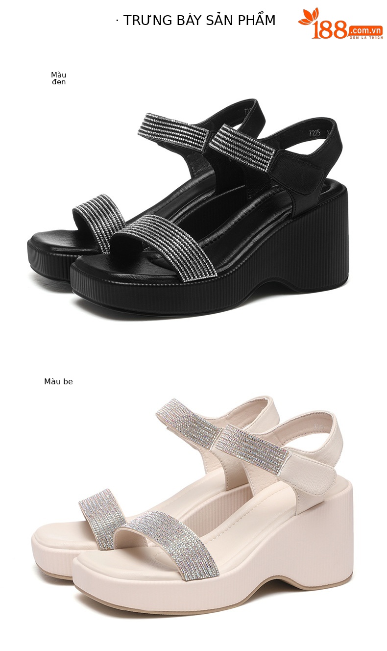 Sandal nữ hở mũi đế dày tăng chiều cao gót vuông ổn định miệng nông khóa dán — Chất liệu da bò đen JST 7225, Chất liệu da bò JST 7225m màu chi tiết 18