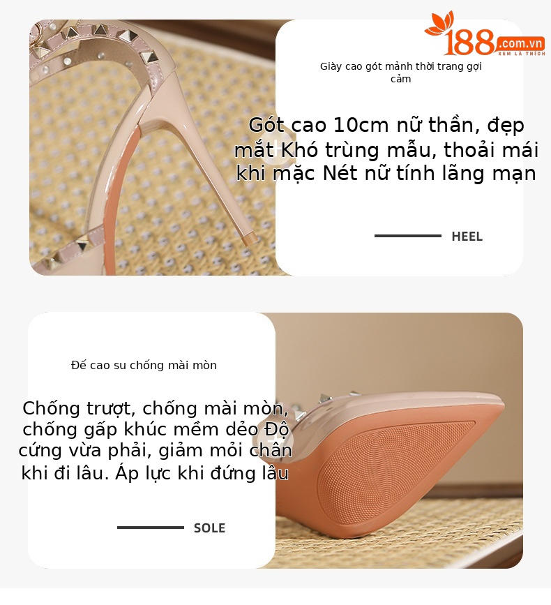 Giày cao gót mũi nhọn đinh tán kiểu Pháp, chống thấm nước, gót nhọn mùa hè — Màu đen chi tiết 2