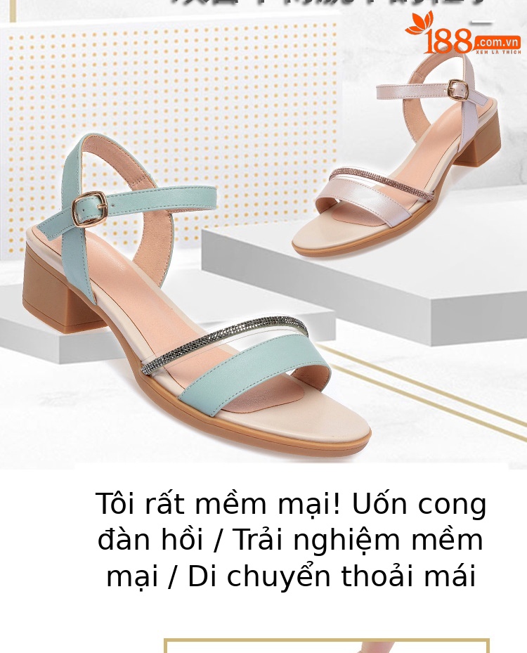 Sandal nữ hở mũi gót thấp da thật đế mềm chống trơn — màu be chi tiết 1