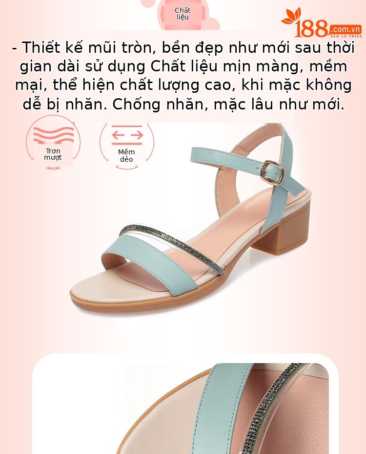 Sandal nữ hở mũi gót thấp da thật đế mềm chống trơn — màu be chi tiết 4