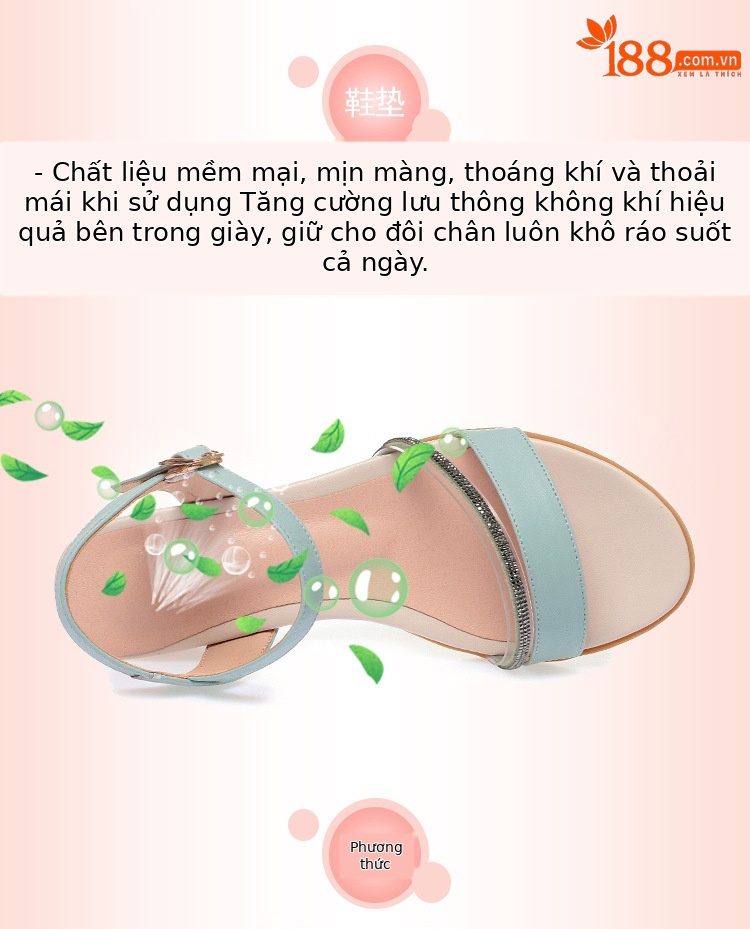 Sandal nữ hở mũi gót thấp da thật đế mềm chống trơn — màu be chi tiết 6