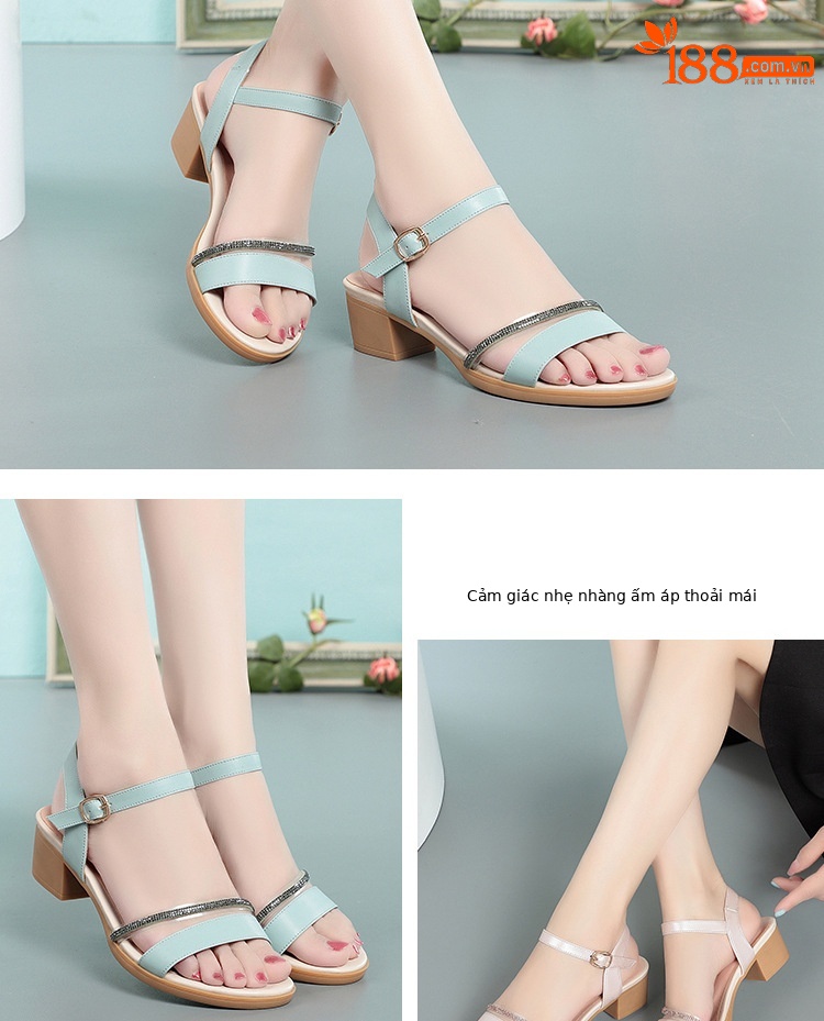 Sandal nữ hở mũi gót thấp da thật đế mềm chống trơn — màu be chi tiết 8