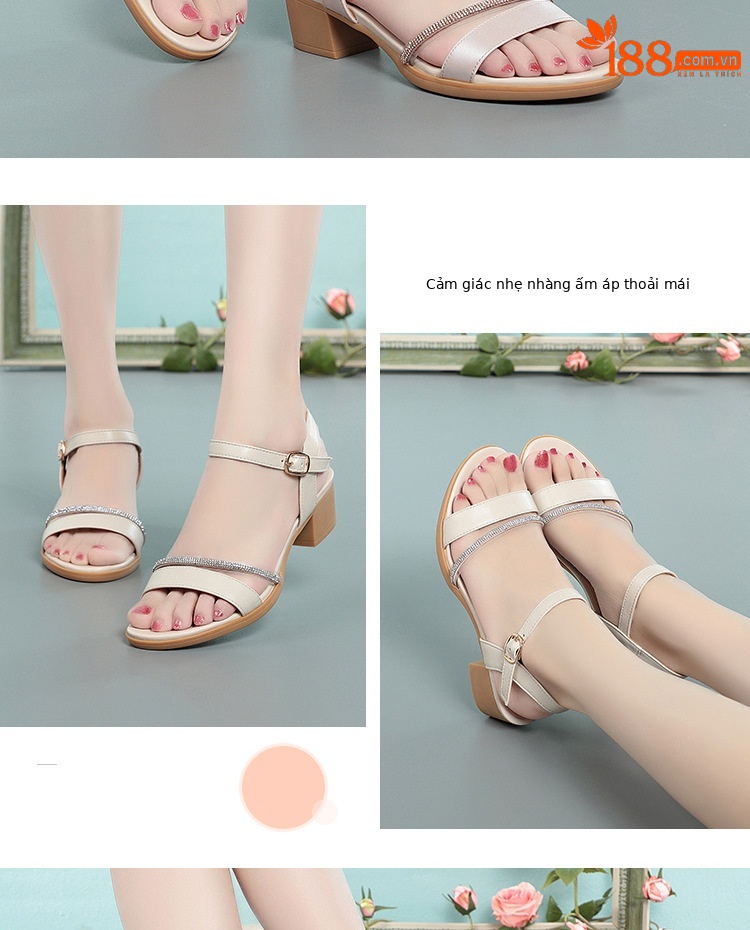 Sandal nữ hở mũi gót thấp da thật đế mềm chống trơn — màu be chi tiết 11