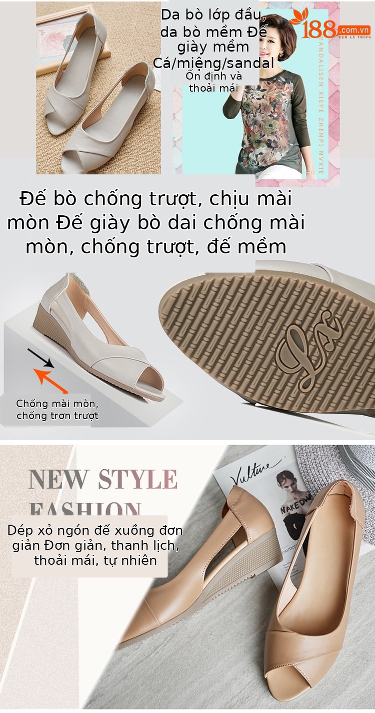 Dép sandal nữ da thật mùa hè, quai chữ V đơn giản, đế xuồng thấp — Màu be chi tiết 1