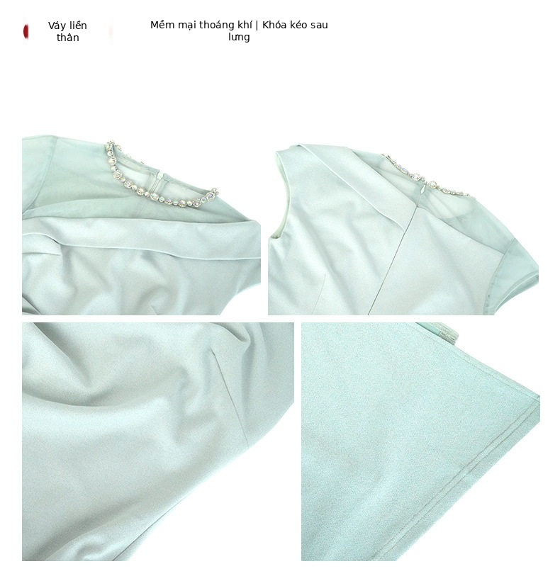 Đầm ôm body nữ cổ tròn tay ngắn phong cách Pháp — [Xanh nước biển] chi tiết 3