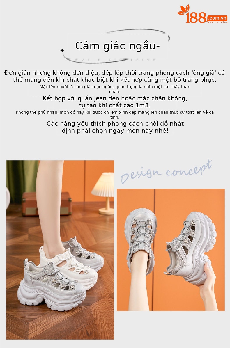Giày sneaker nữ đế dày chunky phong cách thể thao đa năng, gót 8 cm — Xám, Trắng chi tiết 4