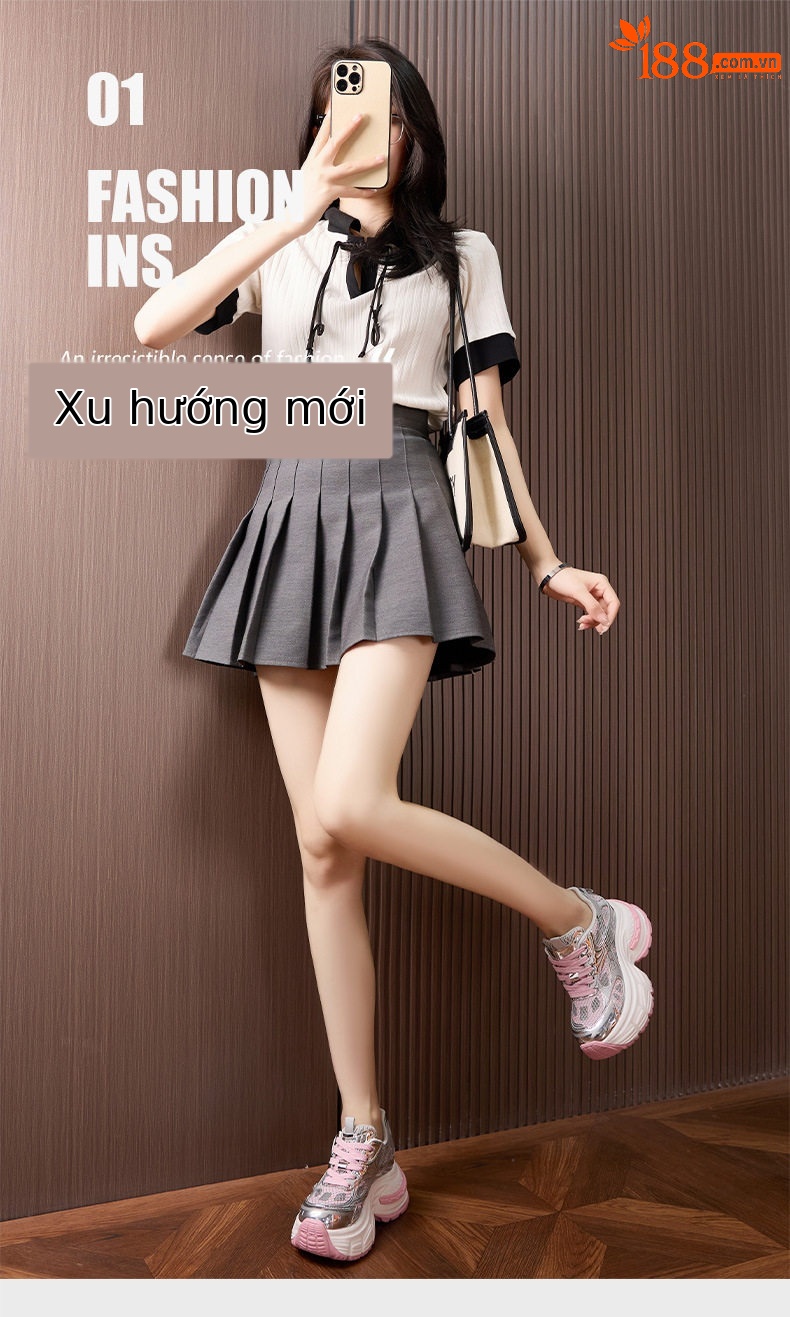 Giày sneaker nữ chunky đế dày mũi tròn, phong cách thể thao casual, đế cao 8 cm — Trắng, Hồng chi tiết 2