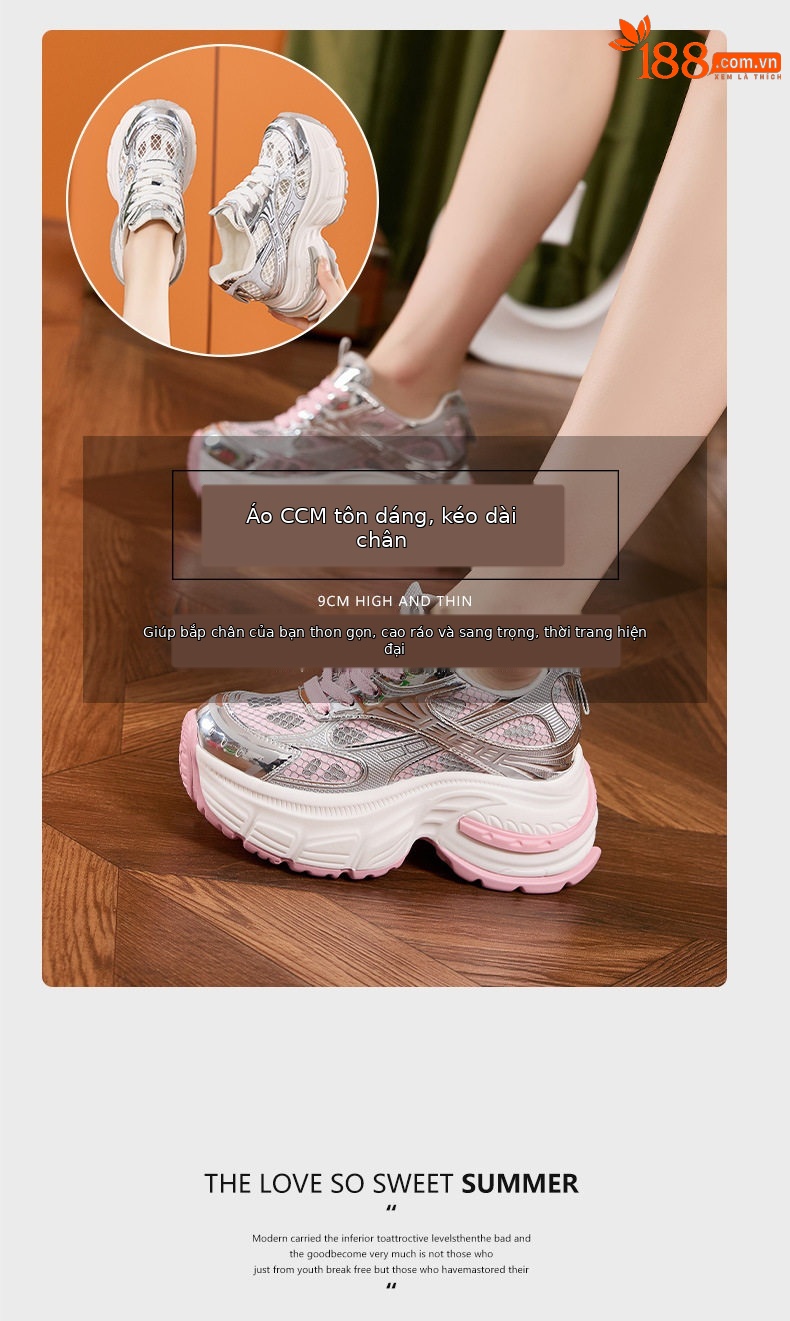 Giày sneaker nữ chunky đế dày mũi tròn, phong cách thể thao casual, đế cao 8 cm — Trắng, Hồng chi tiết 9