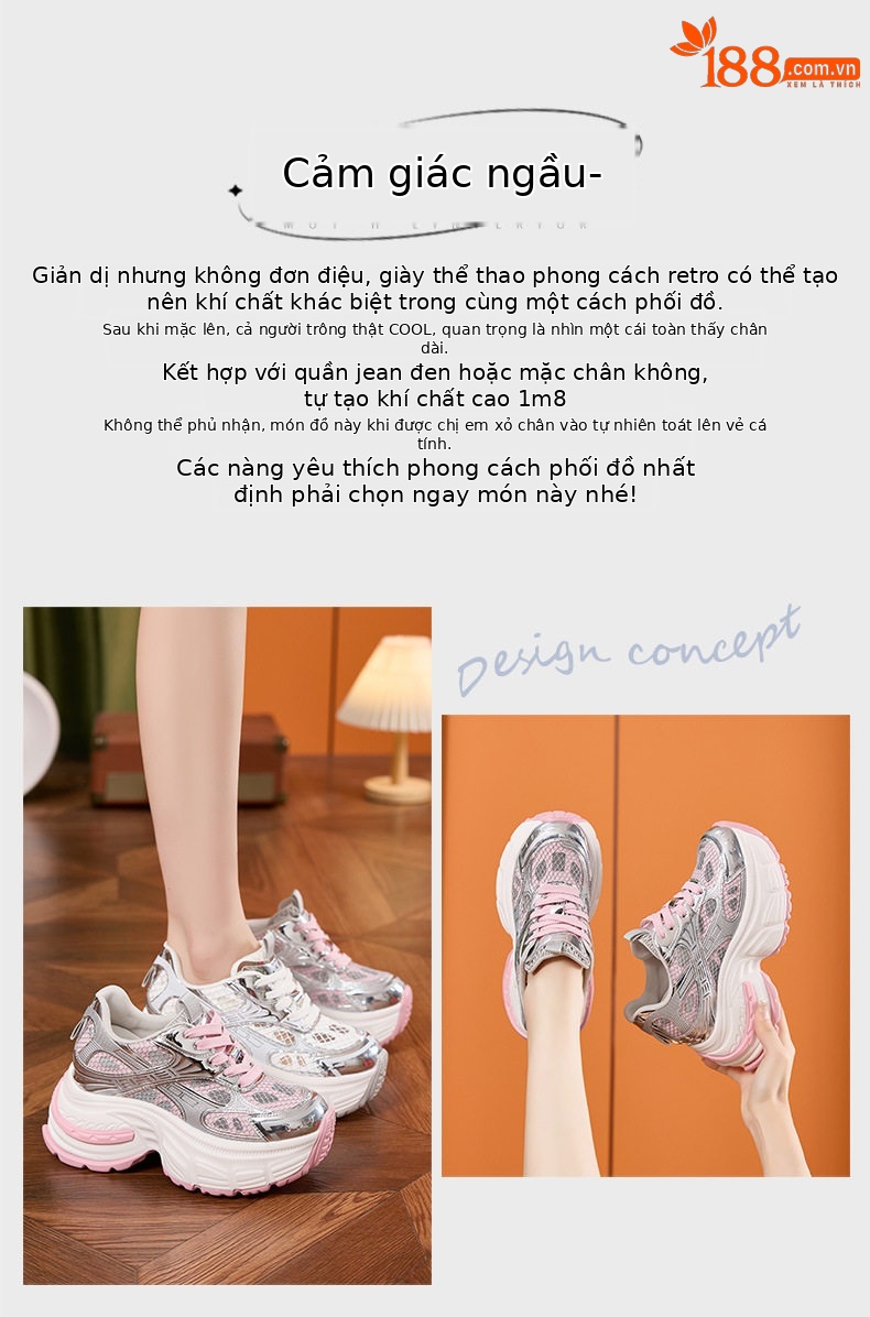 Giày sneaker nữ chunky đế dày mũi tròn, phong cách thể thao casual, đế cao 8 cm — Trắng, Hồng chi tiết 4