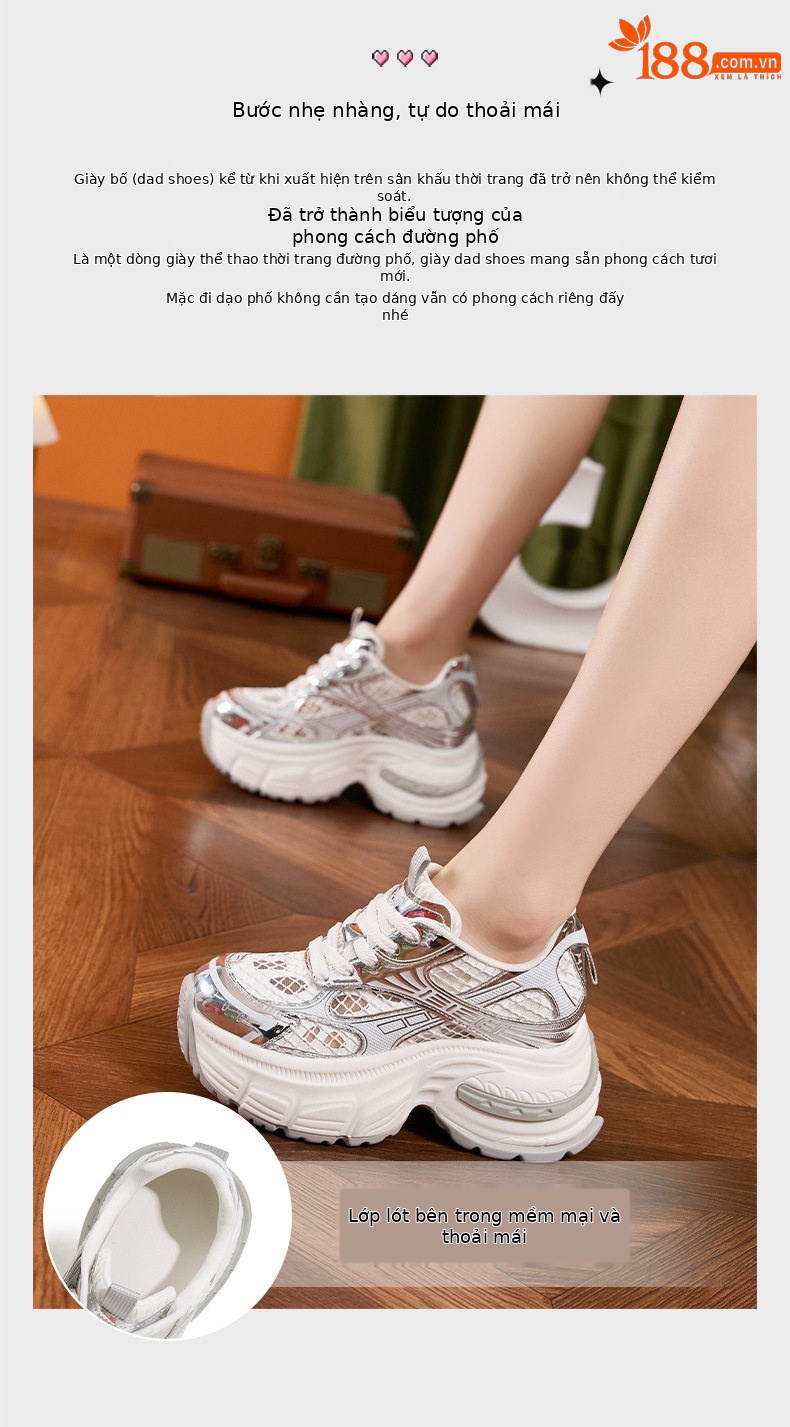 Giày sneaker nữ chunky đế dày mũi tròn, phong cách thể thao casual, đế cao 8 cm — Trắng, Hồng chi tiết 5