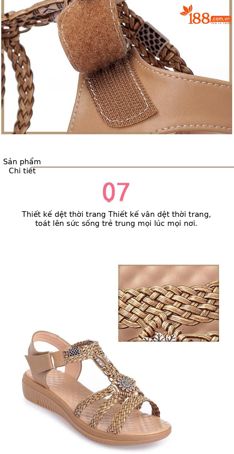 Dép sandal nữ da bò dệt tay, gót dốc, đế mềm chống trượt — Màu nâu chi tiết 13