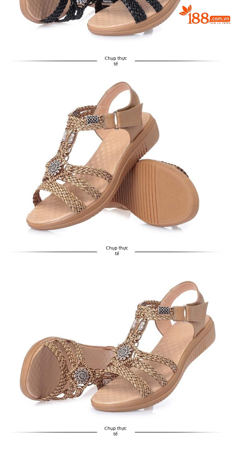 Dép sandal nữ da bò dệt tay, gót dốc, đế mềm chống trượt — Màu nâu chi tiết 15