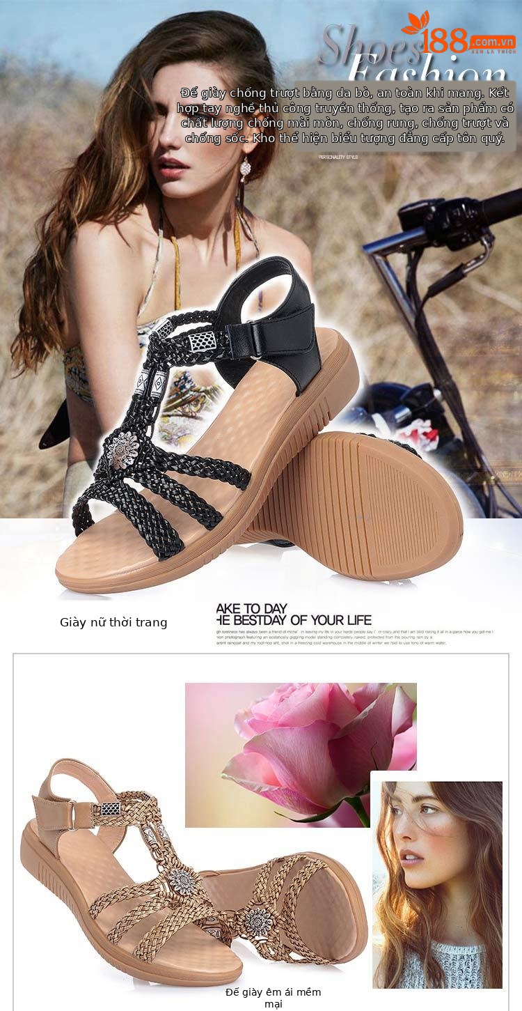 Dép sandal nữ da bò dệt tay, gót dốc, đế mềm chống trượt — Màu nâu chi tiết 1