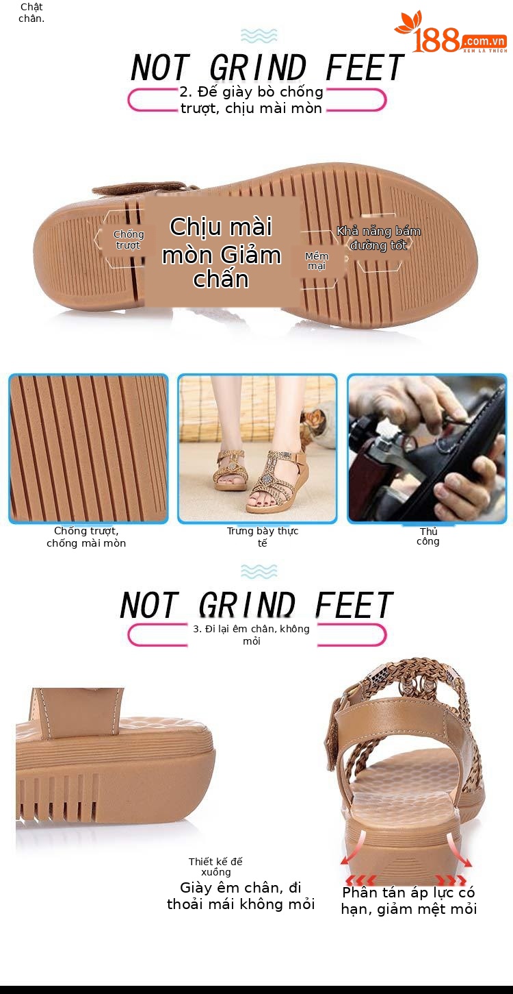 Dép sandal nữ da bò dệt tay, gót dốc, đế mềm chống trượt — Màu nâu chi tiết 3