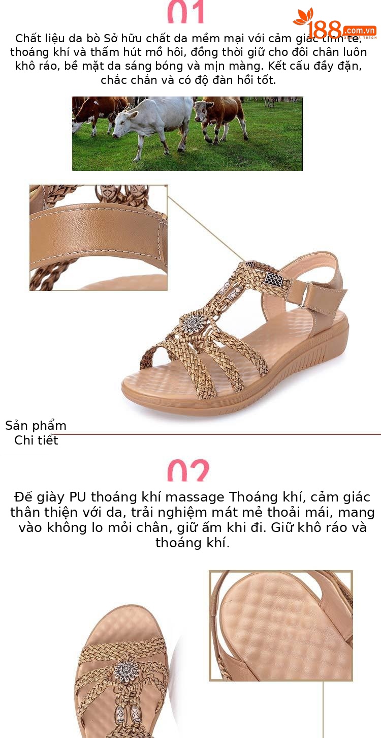 Dép sandal nữ da bò dệt tay, gót dốc, đế mềm chống trượt — Màu nâu chi tiết 10