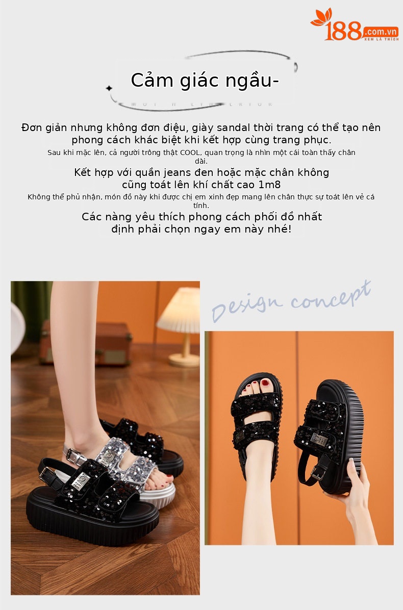 Dép sandal nữ xỏ ngón đế bệt phong cách rocker, họa tiết cá tính — Bạc, Đen chi tiết 4