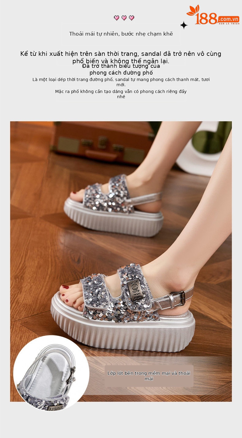 Dép sandal nữ xỏ ngón đế bệt phong cách rocker, họa tiết cá tính — Bạc, Đen chi tiết 5