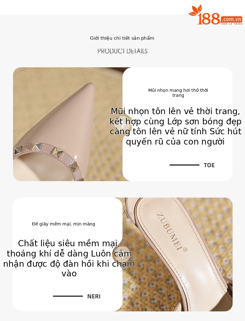 Sandal cao gót nữ mũi nhọn đinh tán gót nhọn — Màu đen chi tiết 1