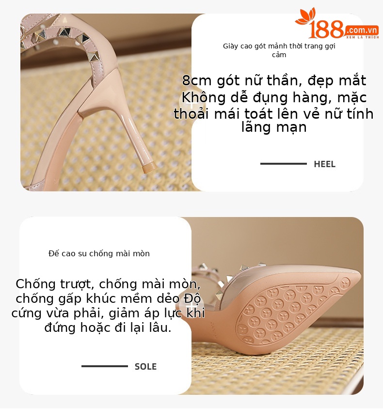 Sandal cao gót nữ mũi nhọn đinh tán gót nhọn — Màu đen chi tiết 2