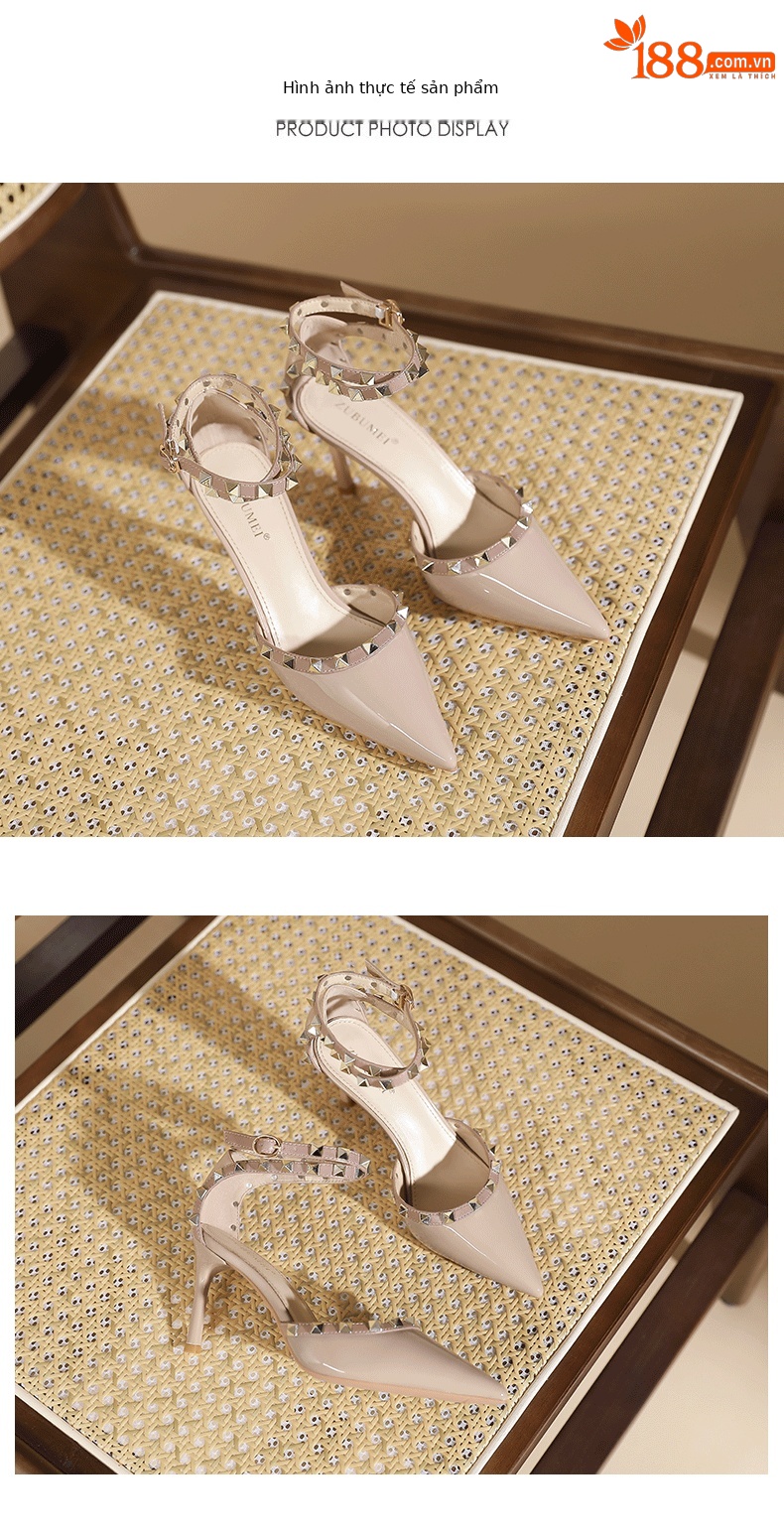 Sandal cao gót nữ mũi nhọn đinh tán gót nhọn — Màu đen chi tiết 7