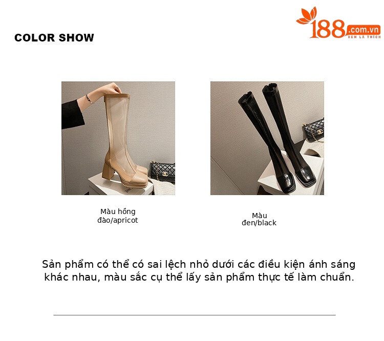 Boot nữ mũi vuông da bò lưới thoáng khí gót dày có khóa kéo sau đế chống nước — đen, mơ chi tiết 3