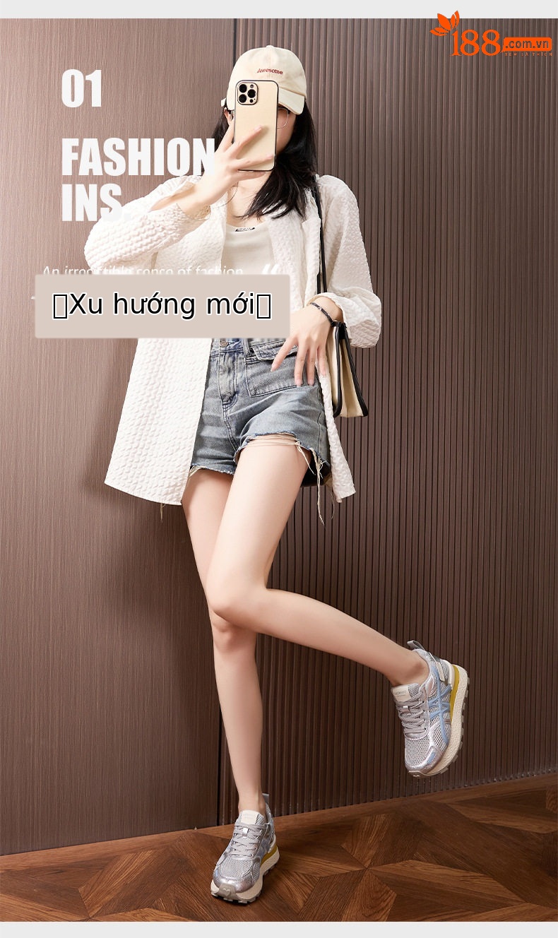 Giày sneaker nữ chunky đế dày lưới thoáng khí, tăng chiều cao — Gạo trắng, Vàng, Xanh dương chi tiết 2