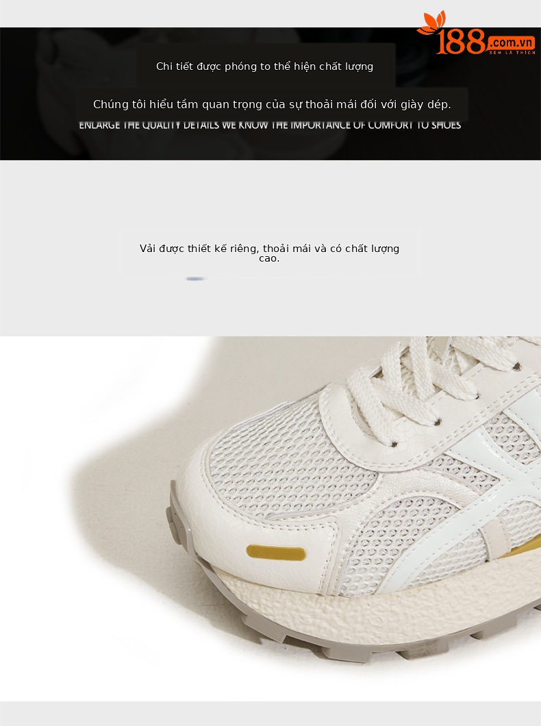 Giày sneaker nữ chunky đế dày lưới thoáng khí, tăng chiều cao — Gạo trắng, Vàng, Xanh dương chi tiết 6