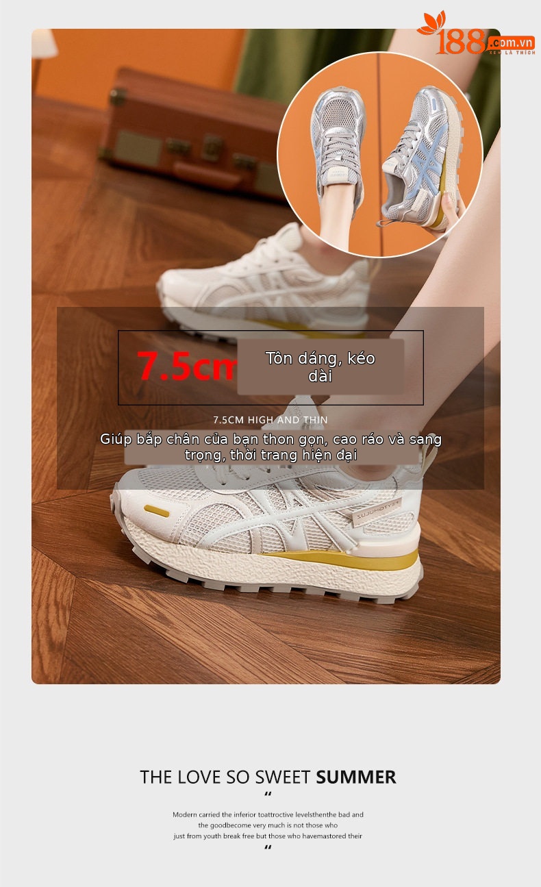 Giày sneaker nữ chunky đế dày lưới thoáng khí, tăng chiều cao — Gạo trắng, Vàng, Xanh dương chi tiết 9