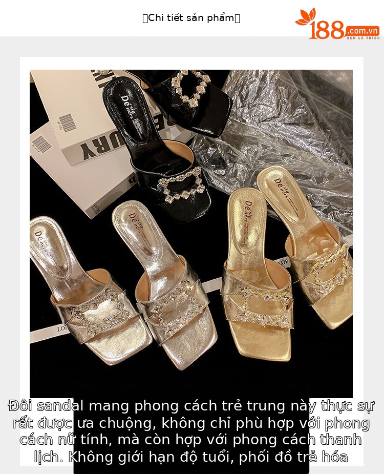 Sandal cao gót nữ hở mũi vuông đính kim cương giả quai ngang — đen, vàng, bạc chi tiết 5