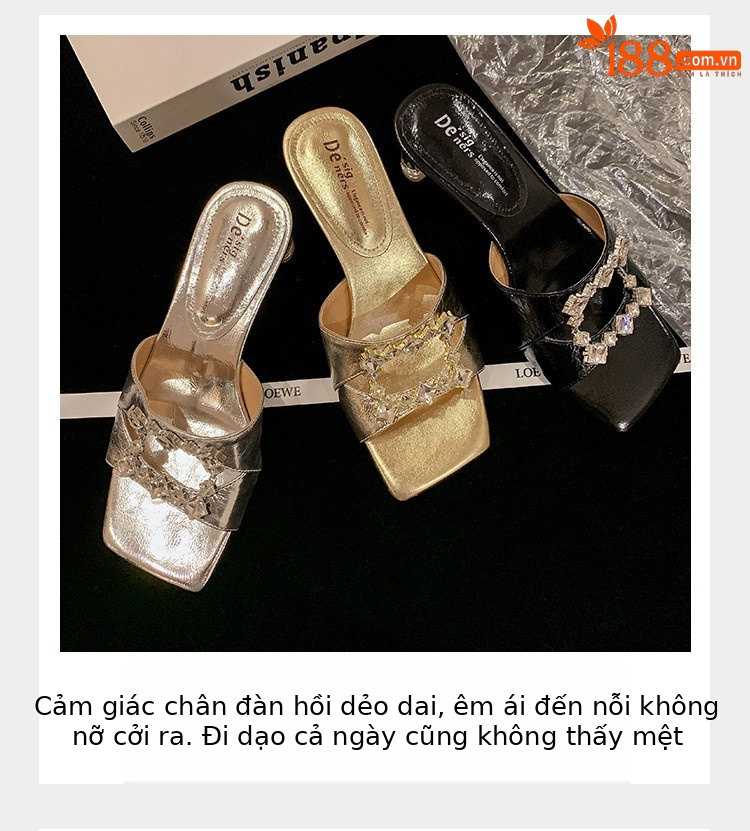 Sandal cao gót nữ hở mũi vuông đính kim cương giả quai ngang — đen, vàng, bạc chi tiết 6