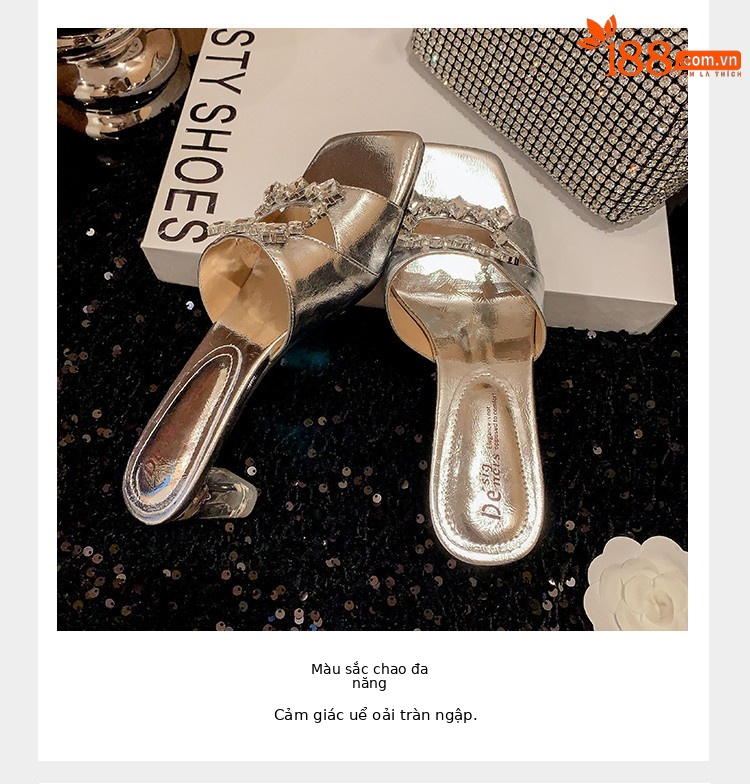 Sandal cao gót nữ hở mũi vuông đính kim cương giả quai ngang — đen, vàng, bạc chi tiết 7