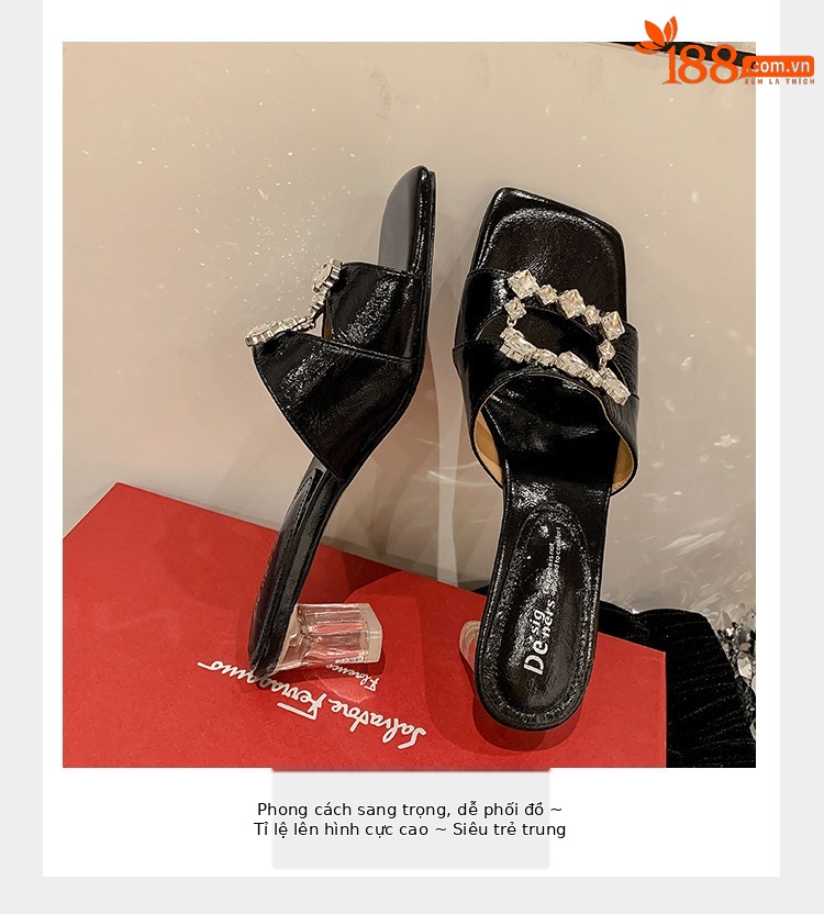 Sandal cao gót nữ hở mũi vuông đính kim cương giả quai ngang — đen, vàng, bạc chi tiết 8