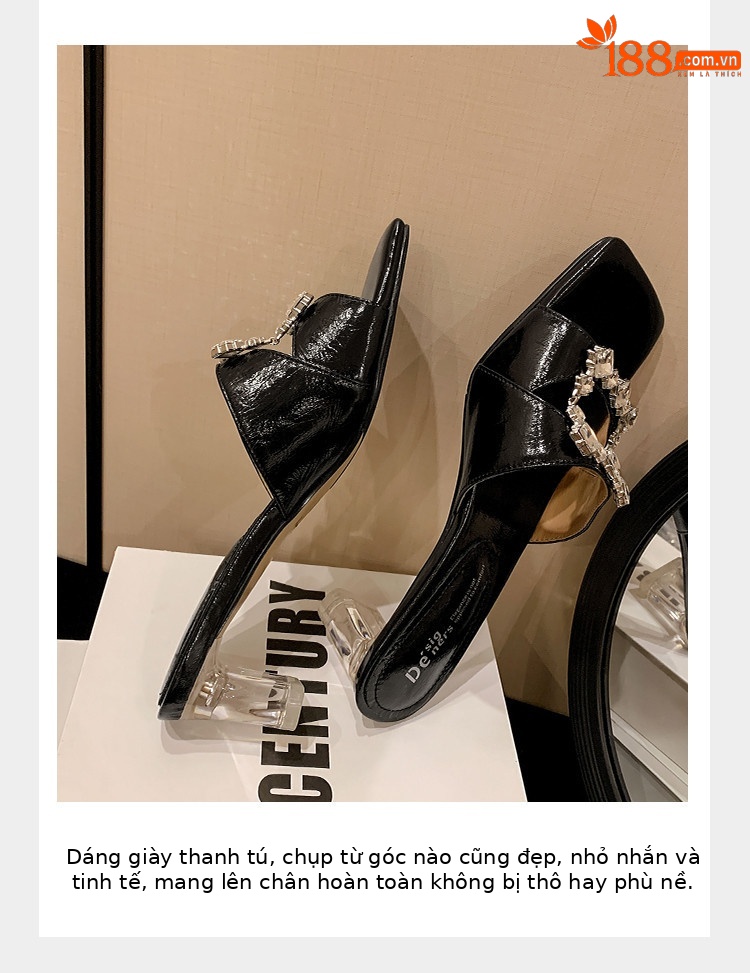 Sandal cao gót nữ hở mũi vuông đính kim cương giả quai ngang — đen, vàng, bạc chi tiết 9