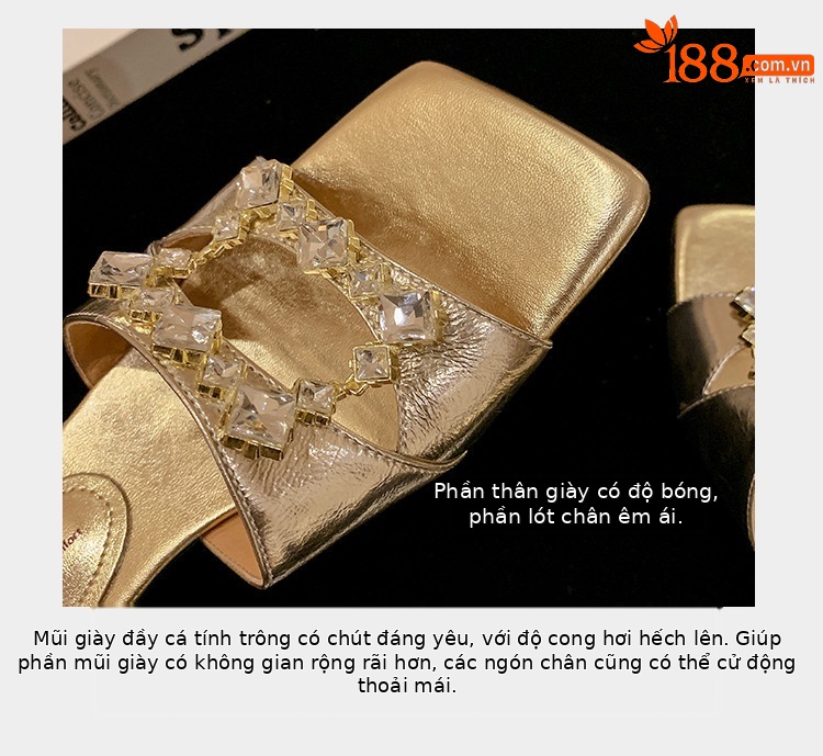 Sandal cao gót nữ hở mũi vuông đính kim cương giả quai ngang — đen, vàng, bạc chi tiết 10