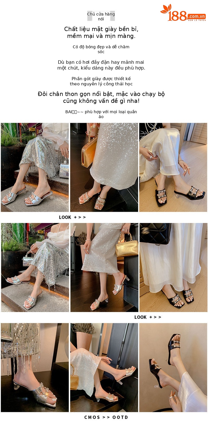 Sandal cao gót nữ hở mũi vuông đính kim cương giả quai ngang — đen, vàng, bạc chi tiết 1